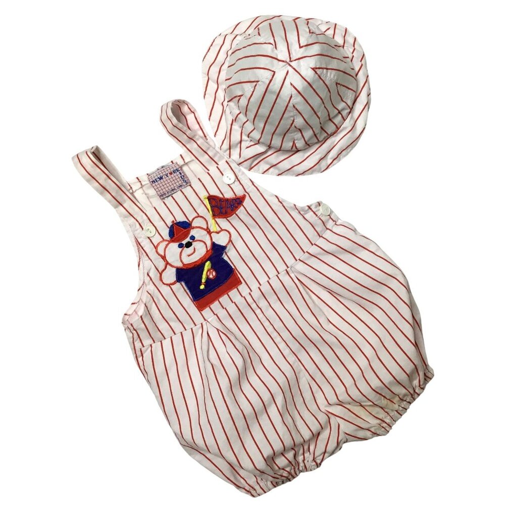 VTG NEW YORK Kids Red Stripe Bear Romper & Hat Set 24M 100% Cotton Baseball VBC